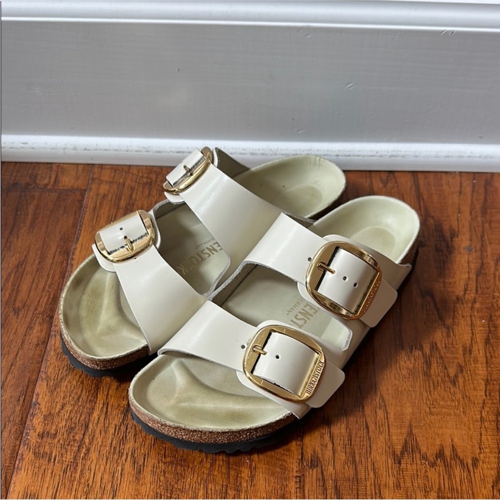 Birkenstock Cream Sandals with Gold Buckles